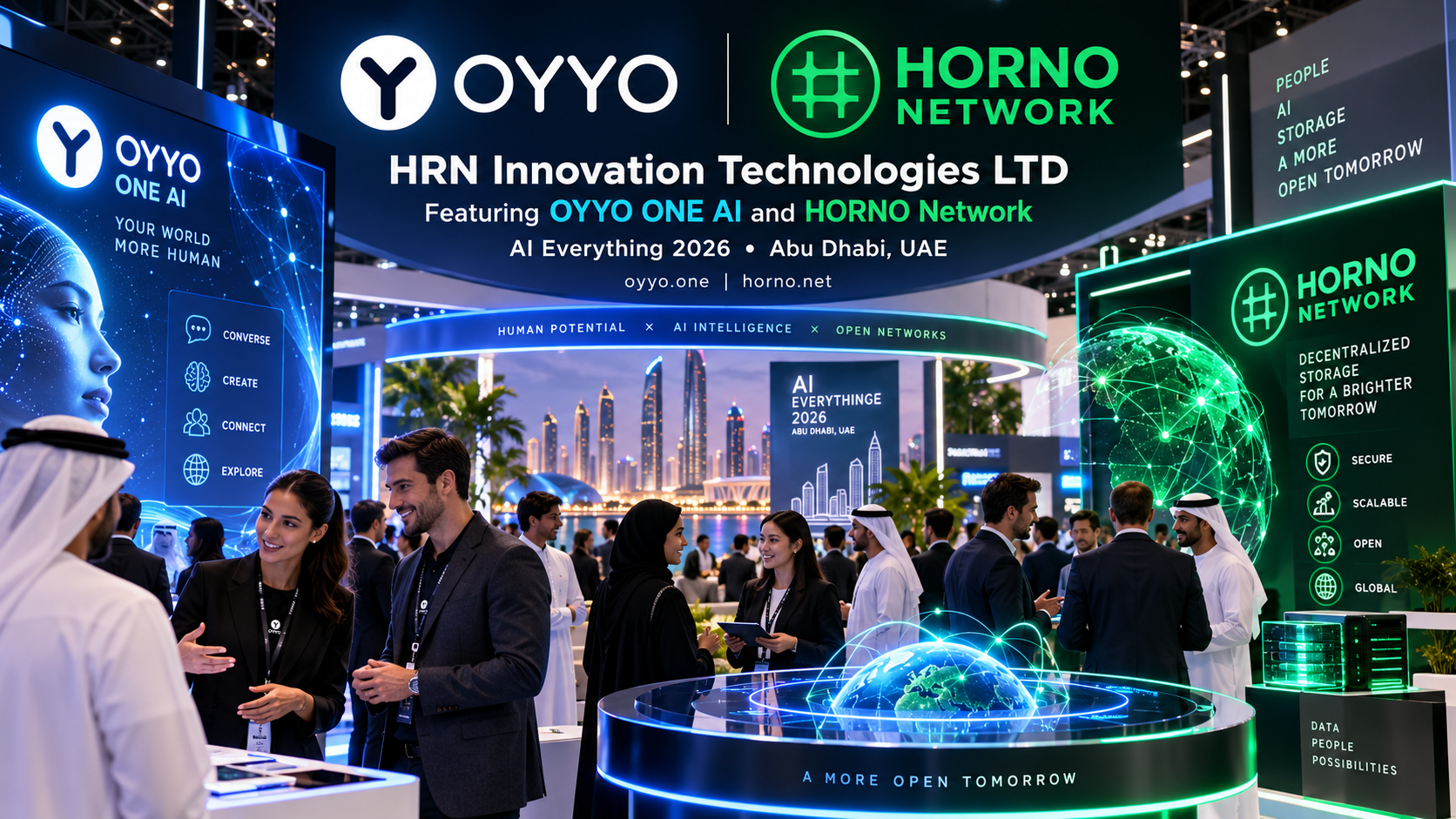 HRN Innovation Technologies booth at AI Everything 2026, featuring OYYO ONE AI and HORNO Network
